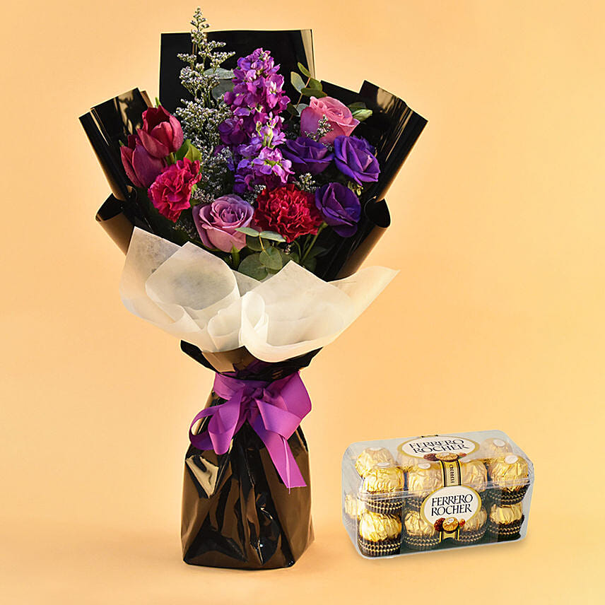 Online Alluring Mixed Flowers Bouquet With Ferrero Rocher Gift Delivery