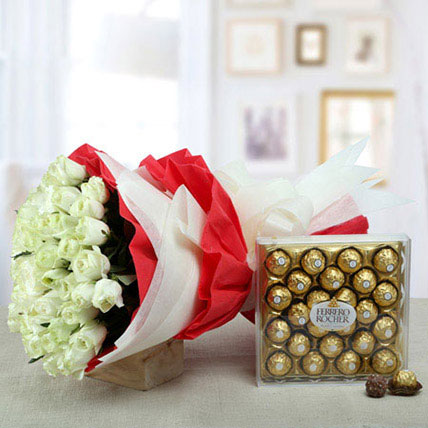 White Roses Bunch With Ferrero Rocher: 