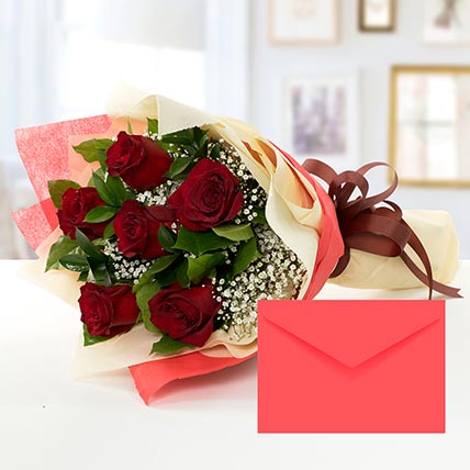 6 Red Roses Bouquet With Greeting Card EG:  flowers to Egypt