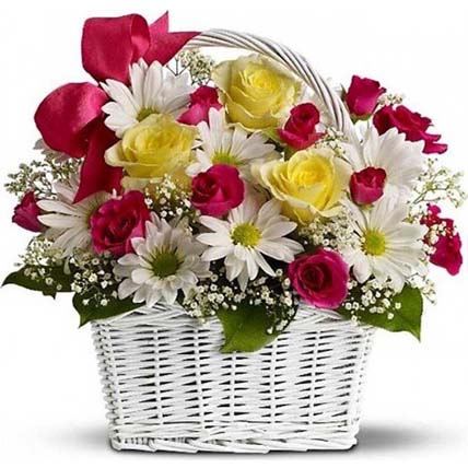 Elegant Flowers Arrangement In White Basket: Send Gifts To Indonesia