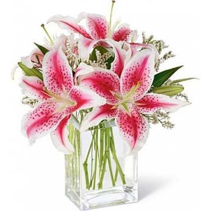 Bright Lilies Bunch In Glass Vase: Send Gifts To Indonesia