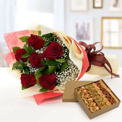 6 Red Roses With Baklawa Sweet: 