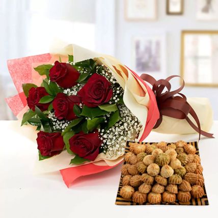 6 Red Roses With Maamoul Sweet: Send Gifts to Kuwait