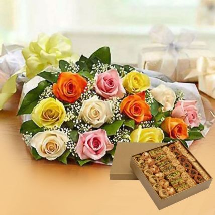 12 Mix Roses Bunch With Baklawa: Send Gifts to Kuwait