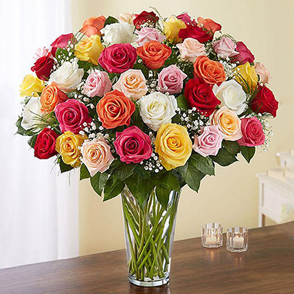 Bunch of 50 Assorted Roses In Glass Vase: Anniversary Flowers Singapore