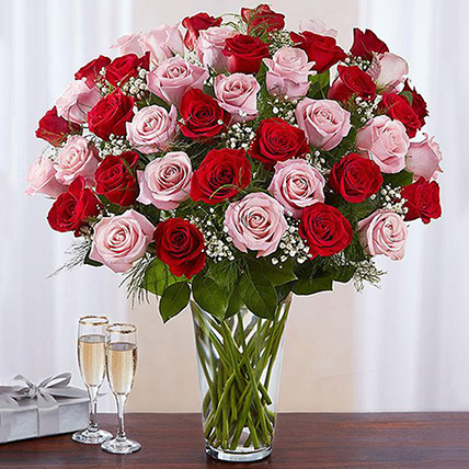 50 Vivid Red and Pink Roses In Vase: Pink Flower Bouquet