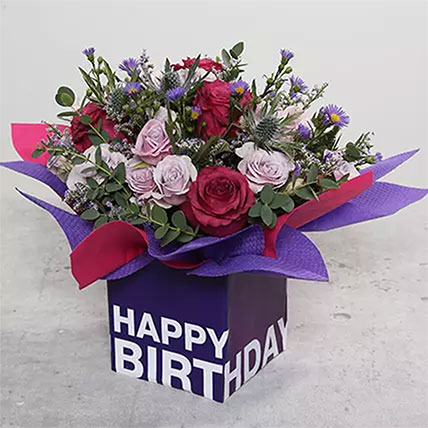Mixed Flowers In Square Glass Vase: Happy Birthday Flowers
