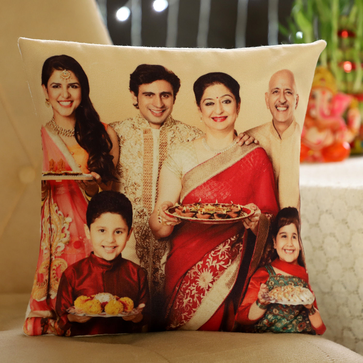 Personalised Happy Family Cushion: Deepavali Gift Singapore