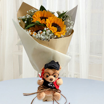 Sunflower Bouquet With Cute Teddy: Graduation Gifts Singapore