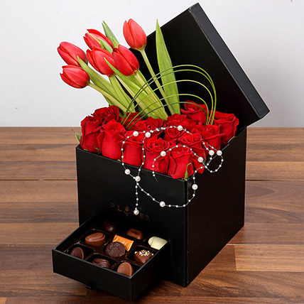 Stylish Box Of Chocolates and Red Flowers: Finest Dark Chocolate Singapore