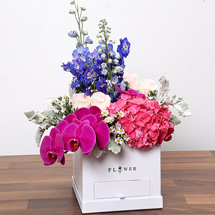 Dazzling Floral Box With Chocolates: Bundle Of Flowers And Chocolates