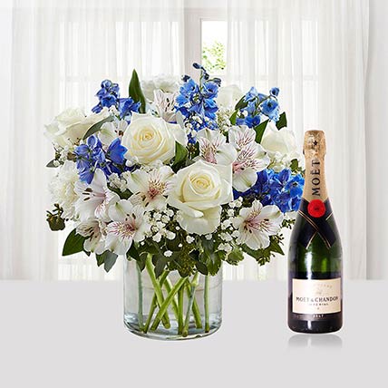 Flower Vase Arrangement With Moet Champagne: Blue Flower Bouquet