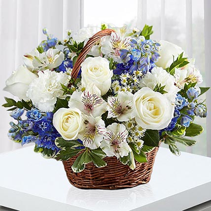 Blue and White Blooms Basket: Floral Basket For Birthday