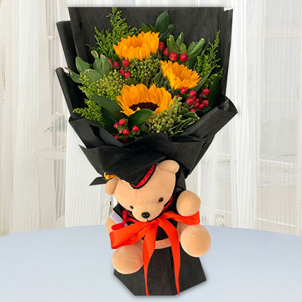 Vibrant Flower Bouquet With Graduation Teddy: Flowers With Teddy Bear