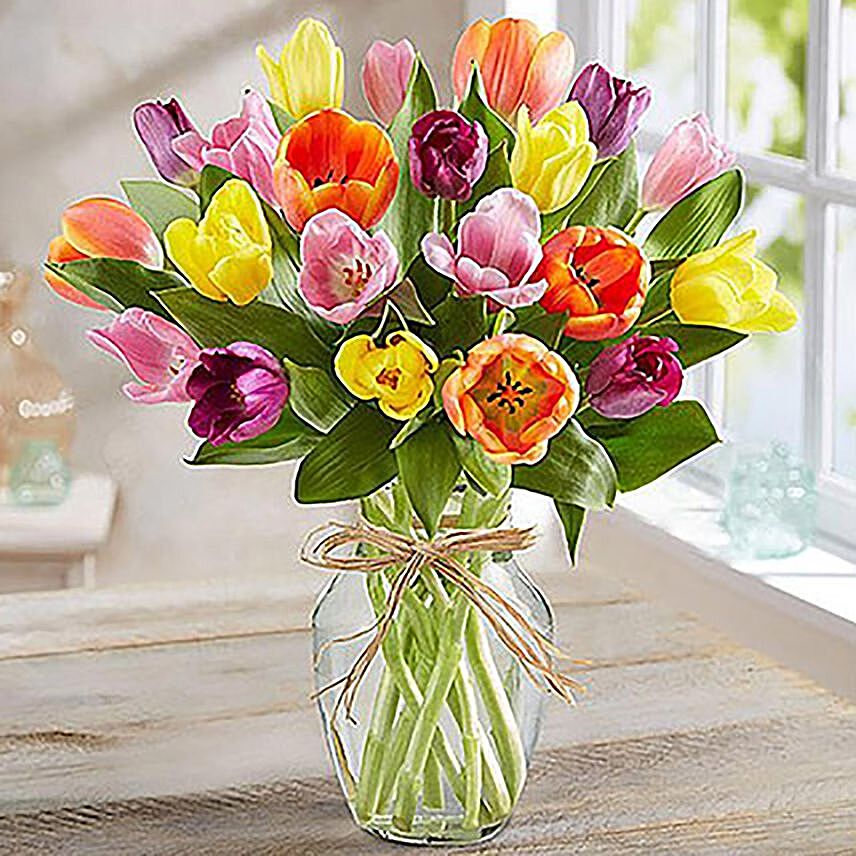 Colourful Tulips In Glass Vase: Congratulations Gifts Singapore