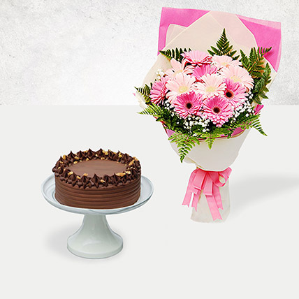 Chocolate Brownie Cake & Pink Gerbera Bouquet: Flowers And Cake For Anniversary
