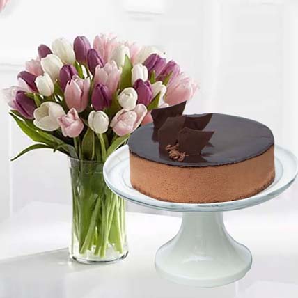 Divine Chocolate Cake & Soft Coloured Tulips: Flowers And Cake For Anniversary