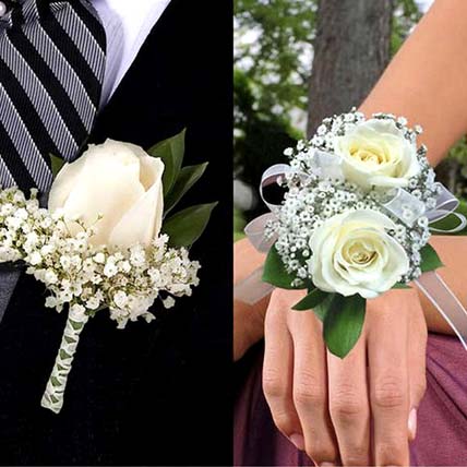 White Roses boutonniere and Corsage: Flowers for Groom