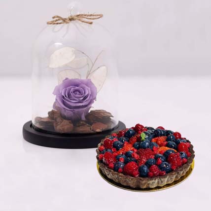 Purple Forever Rose In Glass Dome & Berry Tart Cake: Preserved Flowers Singapore