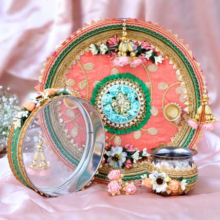 Pretty Peach Pooja Thali Set: Karwa Chauth Gifts