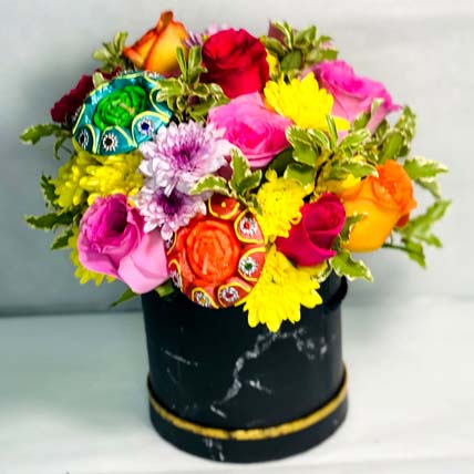 Beautiful Diwali Flowers in Black Box: Diwali Gift Hampers