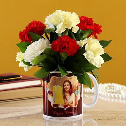 Mixed Carnations In White Mug: Flowers N Personalised Gifts