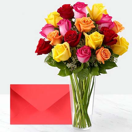 12 Roses In Vase With Greeting Card: Flowers & Greeting Cards 