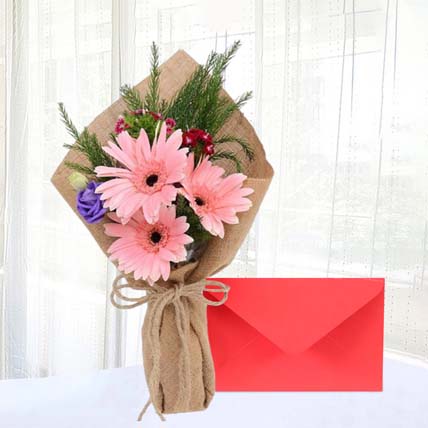 Gerberas Rose Bunch With Greeting Card: Send Greeting Card with Flowers