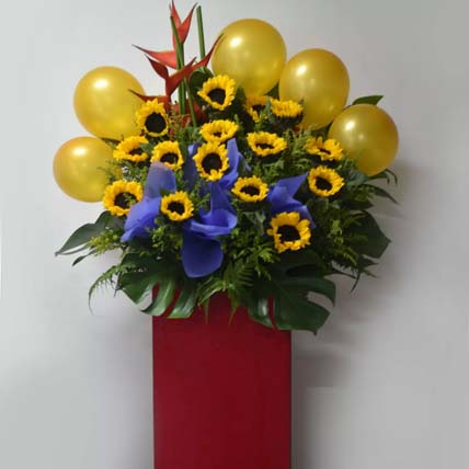 Sunflowers And Orange Balloons Flower Stand: 