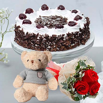 Black Forest Cake & Romantic Roses Teddy Combo: Wedding Anniversary Cake