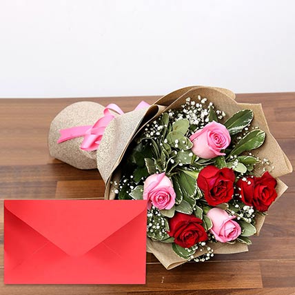 Red & Pink Roses Bouquet With Greeting Card: Send Greeting Card with Flowers