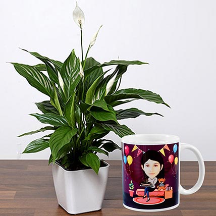Lily Plant With Birthday Caricature Mug: Personalised Combo Gifts