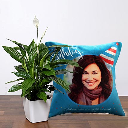 Lily Plant With Personalised Birthday Candle Cushion: Personalised Combo Gifts