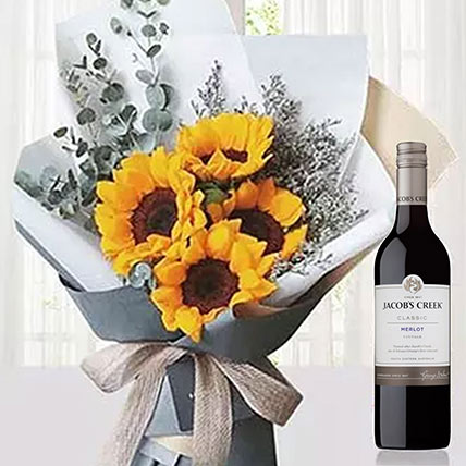 Sunflowers Bouquet With Jacob's Creek Wine: Birthday Gifts for Wife