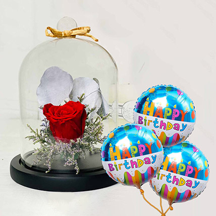 Red Rose In Glass Dome With Birthday Balloon: Flowers And Balloons Arrangements