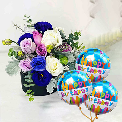Mixed Roses Box With Birthday Balloon: Flowers N Balloons