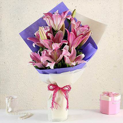 Alluring Pinkish Oriental Lilies Bouquet: Get Well Soon Flowers Singapore