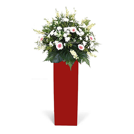 Lovely Mixed Flowers Red Stand Arrangement: Sympathy and Condolence Flowers