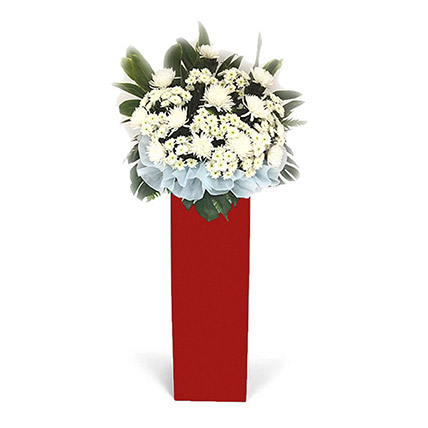 White Chrysanth White Pom Arrangement In Red Stand: Sympathy N Funeral Flower Stands