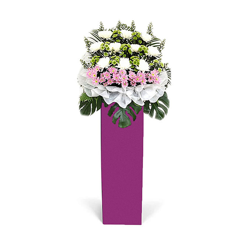 Blissful Mixed Flowers With Pink Stand: Gift Delivery Singapore