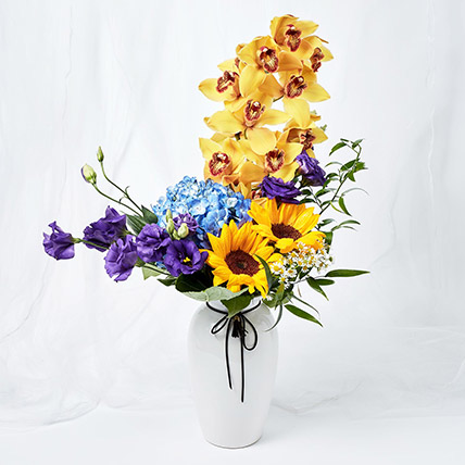 Delightful Mixed Flowers Ceramic Vase Arrangement: Sunflower Arrangements