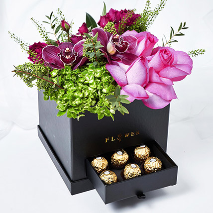 Beautiful Mixed Flowers Box Arrangement With Ferrero Rocher: Green Flowers