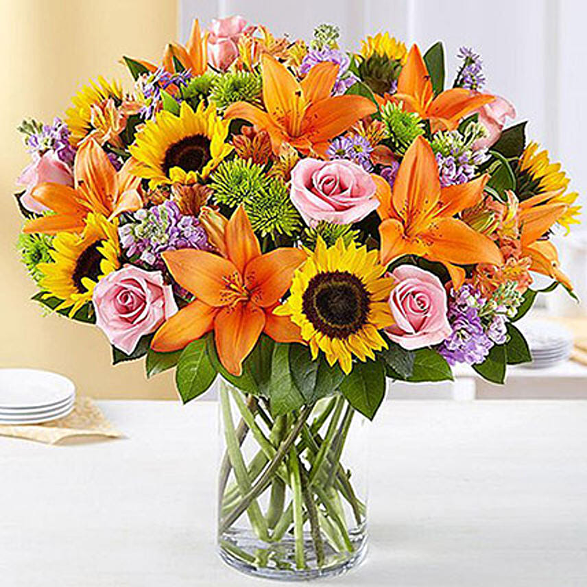 Vital Bunch of Flowers In Glass Vase: Lily Flowers