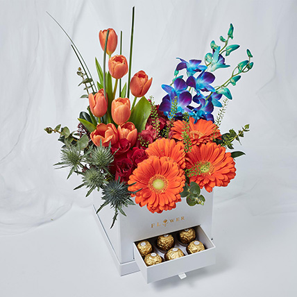 Premium Mixed Flowers Box Arrangement: Red Flowers
