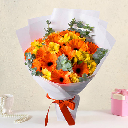 Delightful Gerberas And Alstroemeria Bouquet: Orange Flowers