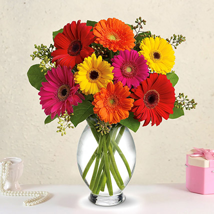 Heavenly Multicoloured Gerberas In Glass Vase: Premium Collection of Gerbera Flowers Bouquet