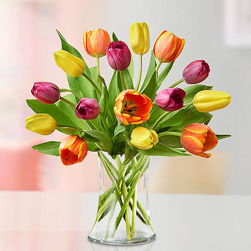 Heavenly Multicoloured Tulips Vase: Premium Flowers