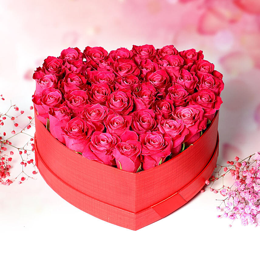 Dark Pink Roses In Heart Shape Box: Flowers for Congratulations