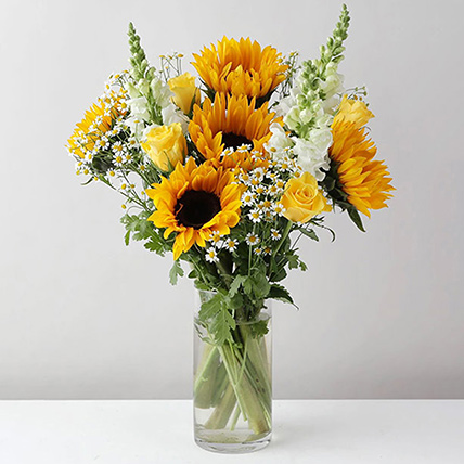 Alluring Mixed Flowers Glass Vase: Yellow Floral Bouquet