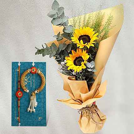 Sunshine Bouquet With Lumba Rakhi Set: Rakhi 